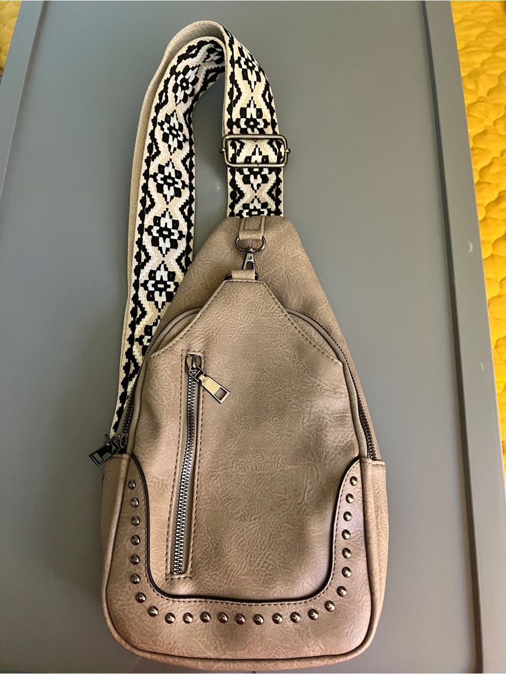 Neutral Taupe Crossbody Sling Bag with Patterned Strap